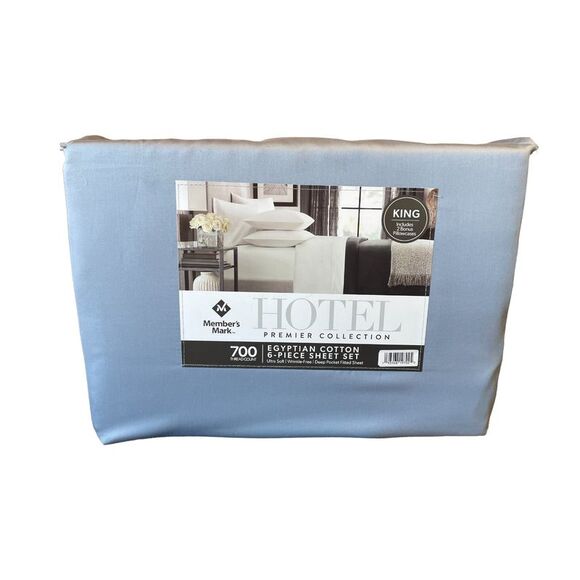 Members Mark 700 Thread Count Egyptian Cotton 6 Pc Sheet Set, King, Blue Crest - Picture 1 of 2